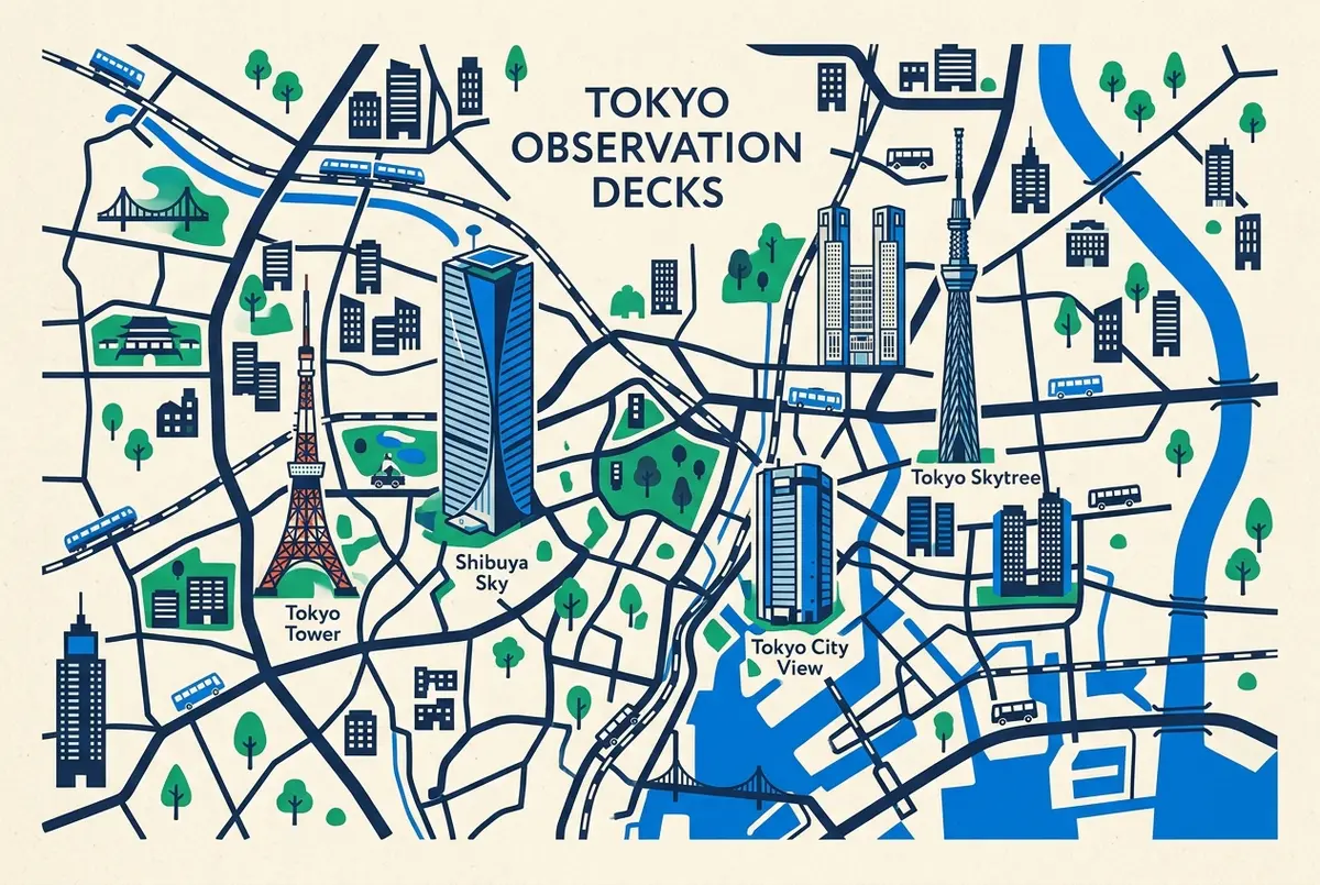 Map of Tokyo with generic labels for the main observation decks: Shibuya Sky, Tokyo Tower, Tokyo City View, the Metropolitan Government Building and Tokyo Skytree
