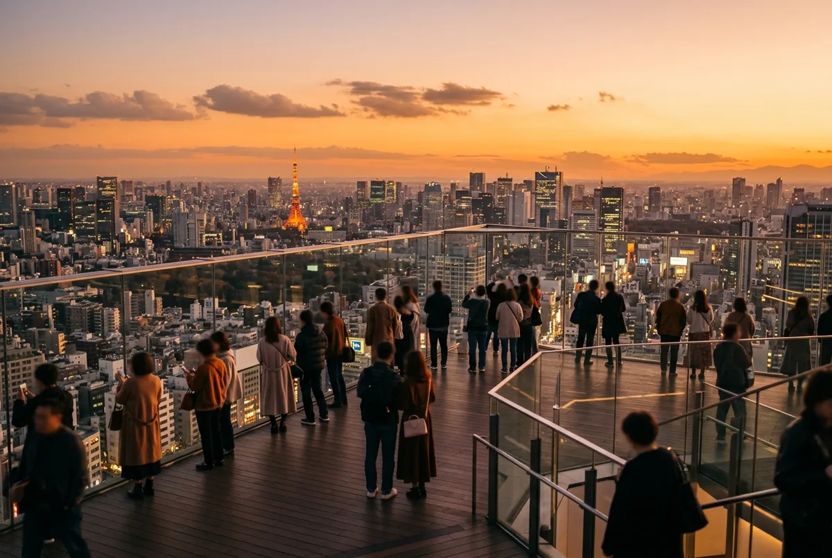 Visitors at the open air Shibuya Sky deck at golden hour with the Tokyo skyline turning orange, ideal best time to visit shibuya sky