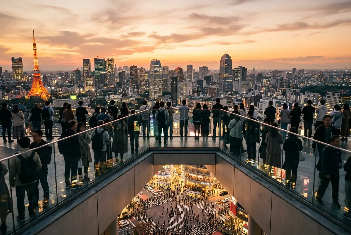 Shibuya Sky open-air observation deck at sunset with the Tokyo skyline and the Scramble Crossing far below
