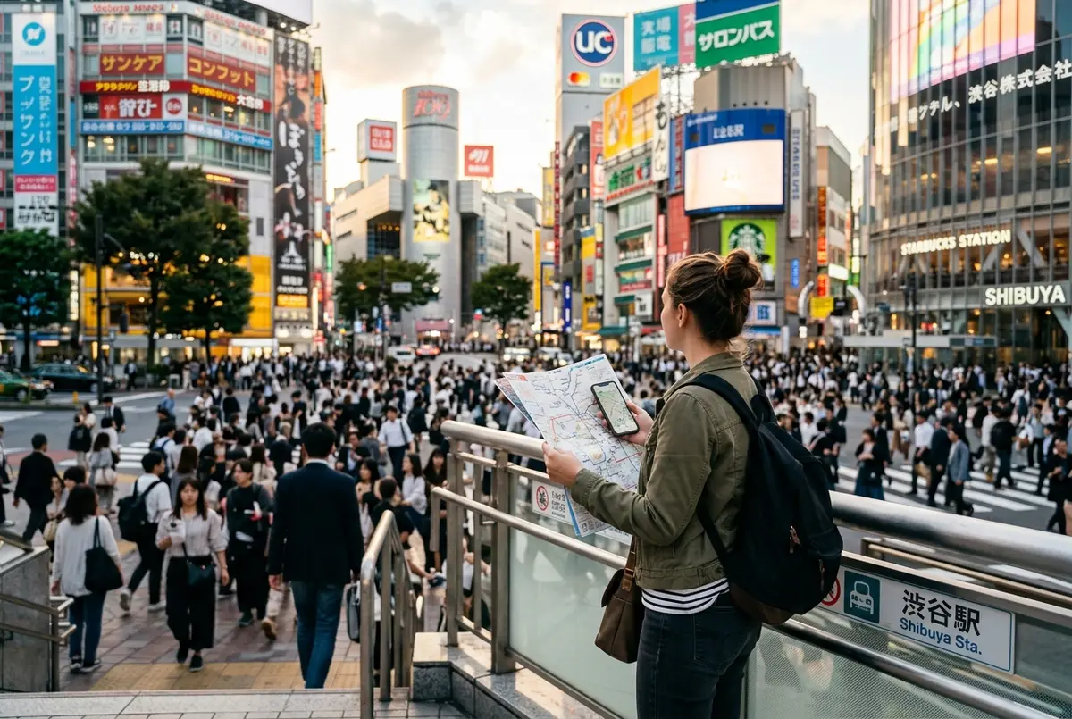 Is Shibuya in Tokyo: first-time traveler with a map and phone outside Shibuya Station looking at the scramble crossing and the tall buildings around it