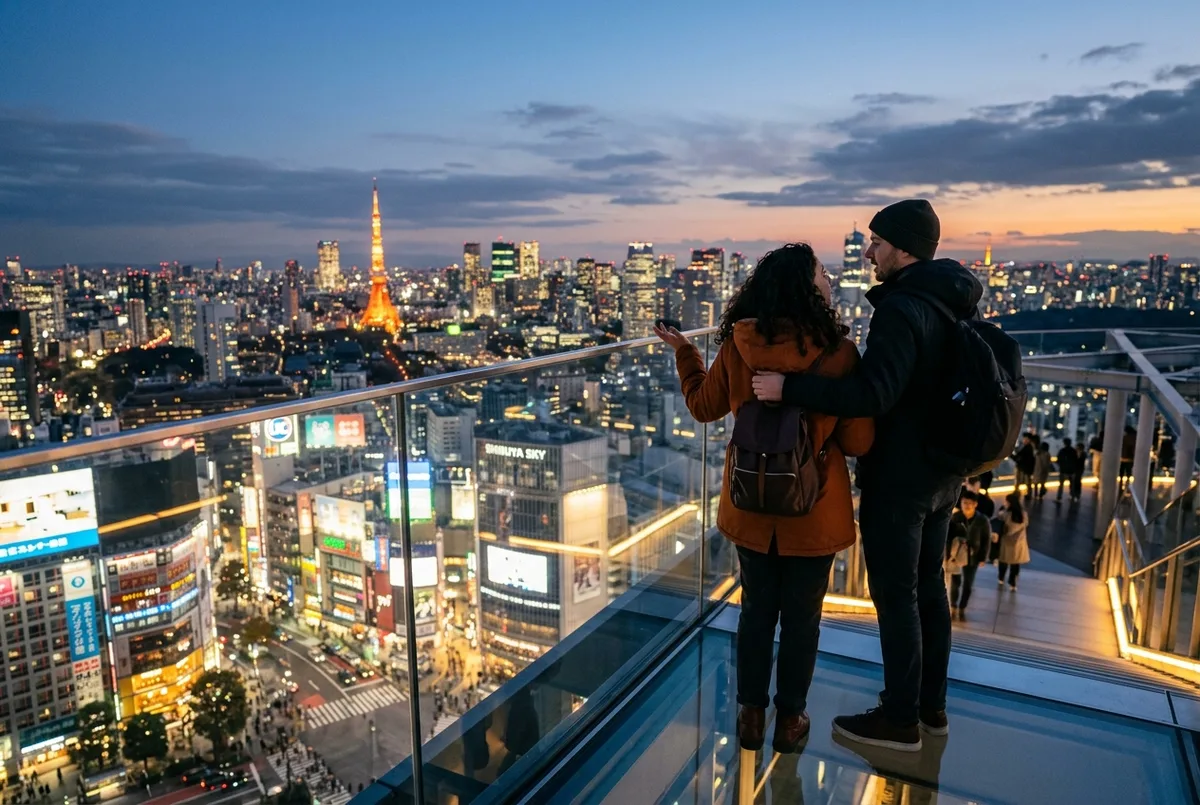 Couple at the open-air glass edge deciding whether Shibuya Sky is worth it, Tokyo skyline glowing at dusk behind them