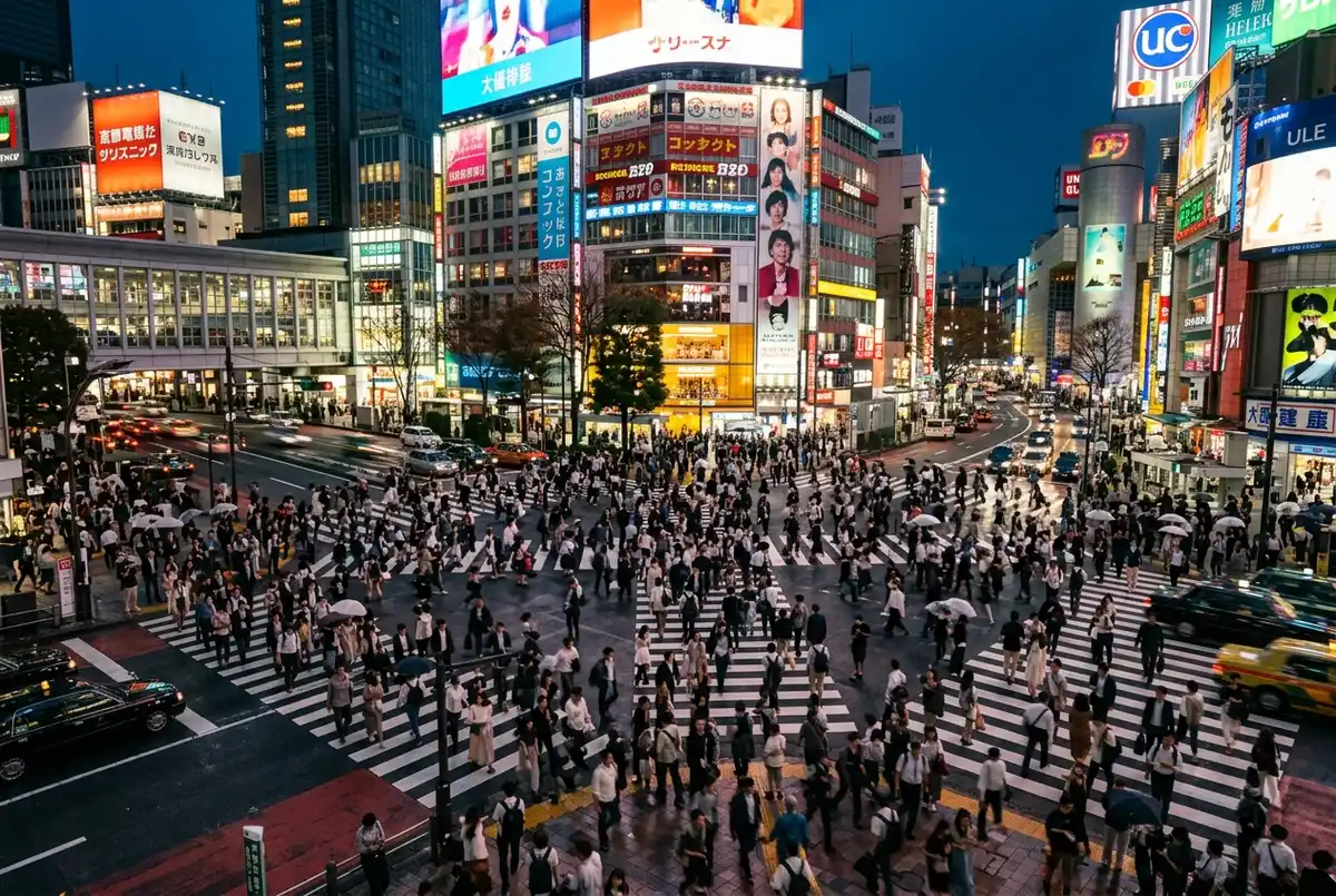 Shibuya crossing night view: glowing video screens and crowds crossing the scramble seen from a high vantage point just after sunset