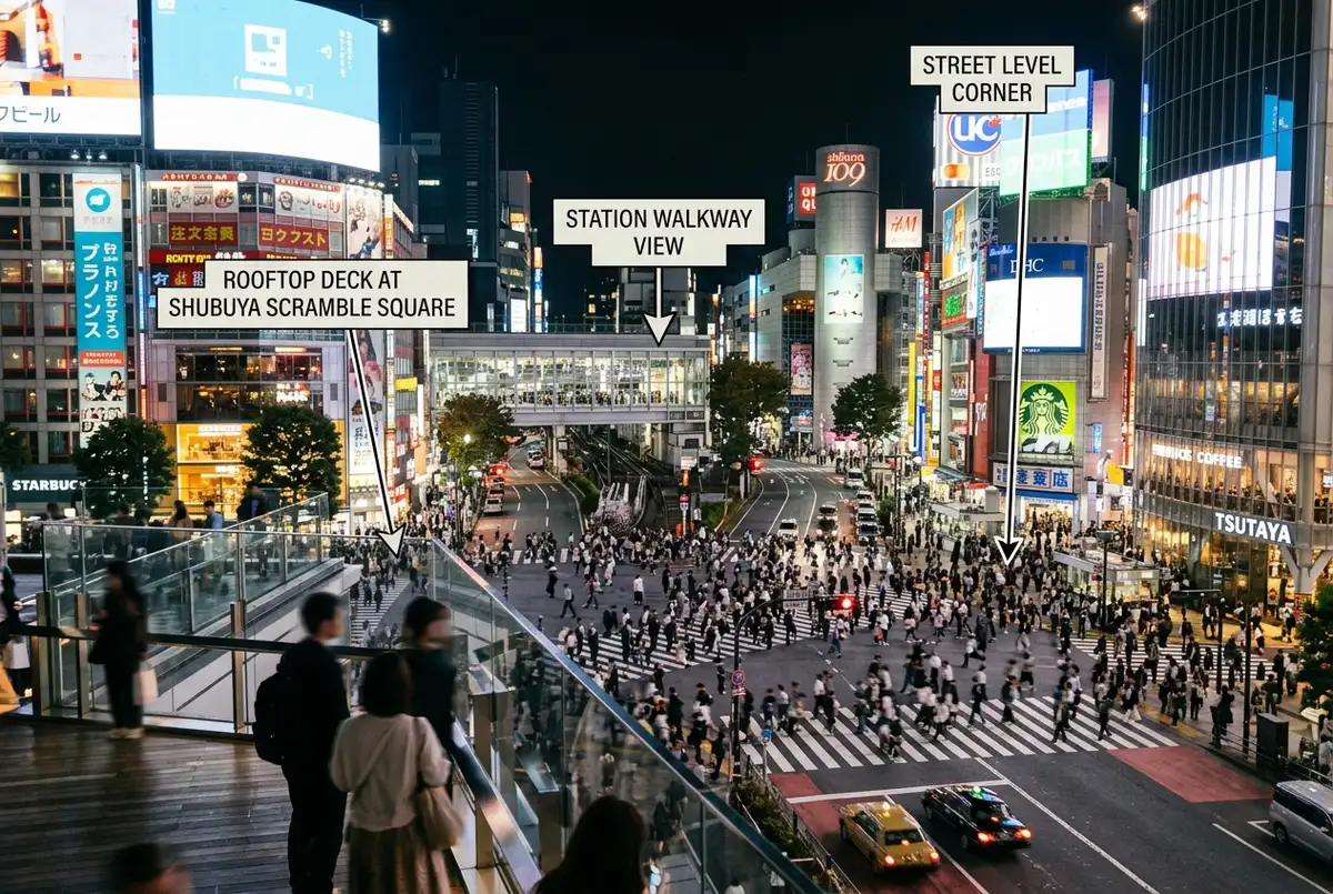 Illustrated guide to viewing Shibuya Crossing at night, with generic labels for street level corner, station walkway view and rooftop deck at Shibuya Scramble Square