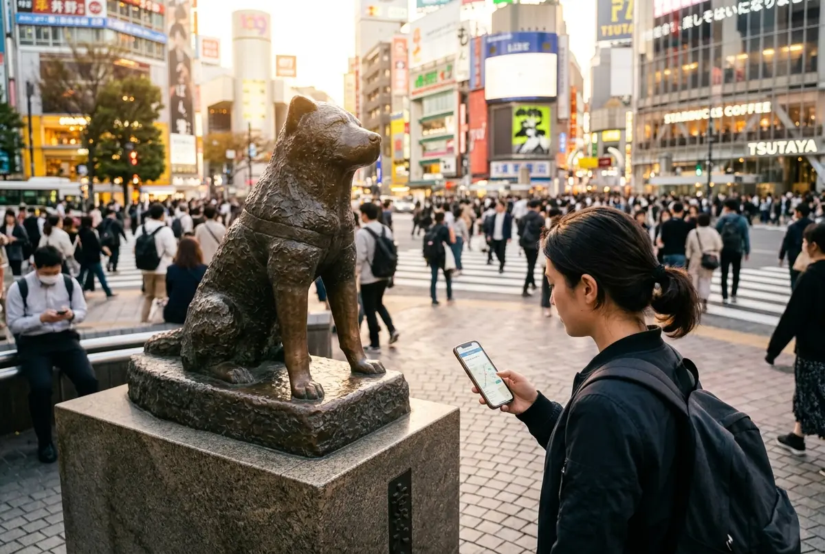 Shibuya one day itinerary: traveler checking a timed plan on a phone beside the Hachiko statue with the scramble crossing behind at golden hour