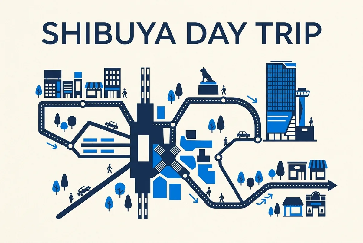 Timed route map of a Shibuya day with generic labels for Shibuya Station, the scramble crossing, Hachiko, shopping streets, Harajuku direction and Shibuya Scramble Square