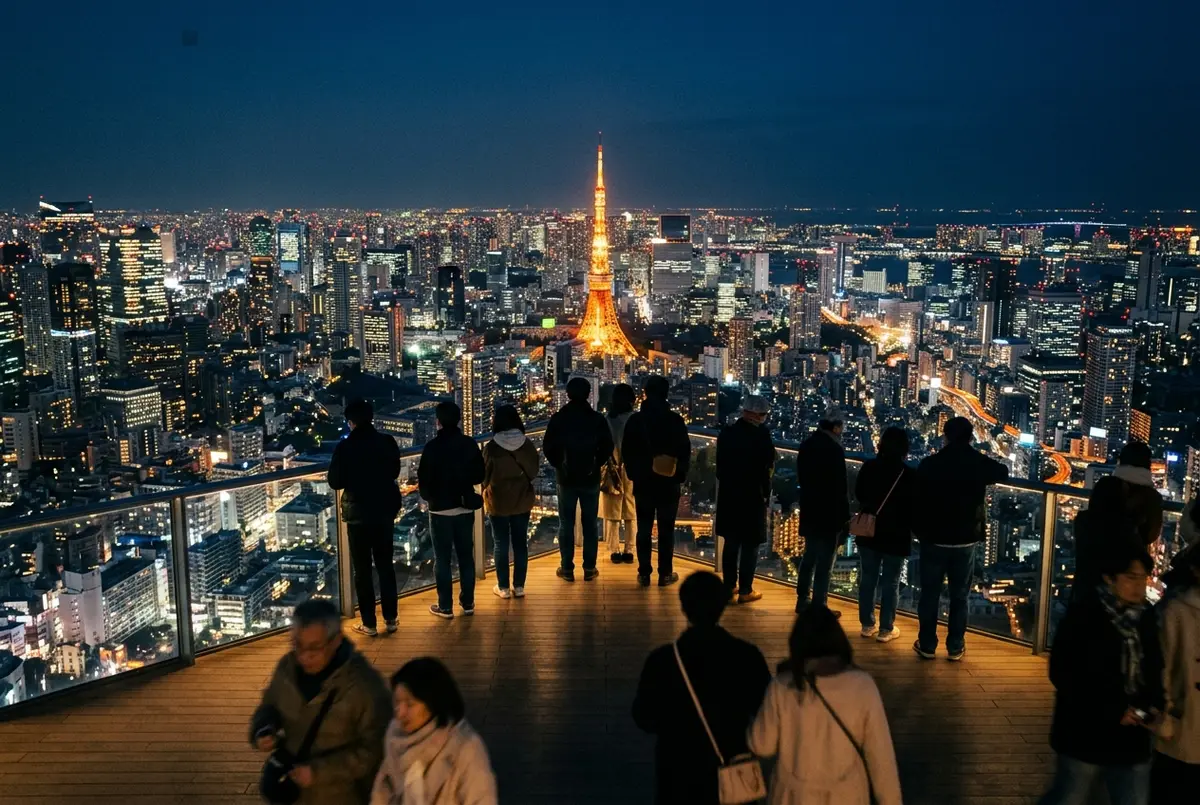 Shibuya sky at night, visitors on the open air deck looking at the glittering Tokyo skyline and the illuminated Tokyo Tower in the distance