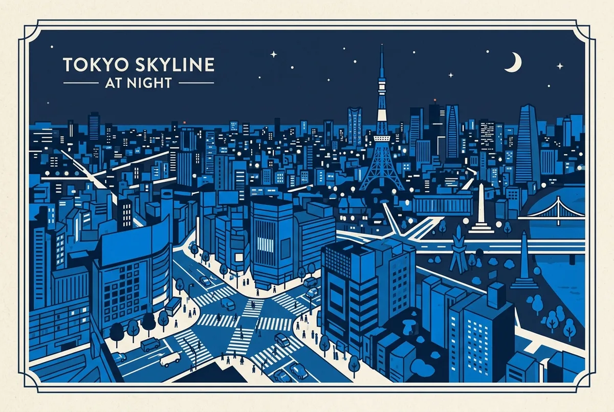 Night view infographic map of what you can see from Shibuya Sky after dark, with generic labels for Tokyo Tower, the crossing and the skyline