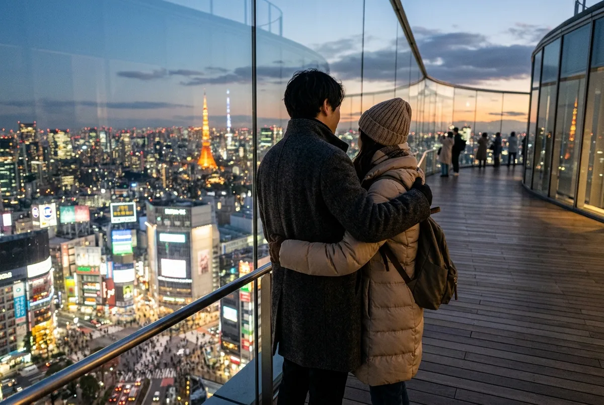 Couple wrapped in winter coats on the Shibuya Sky open-air deck at dusk in December, Tokyo skyline glowing with holiday lights below