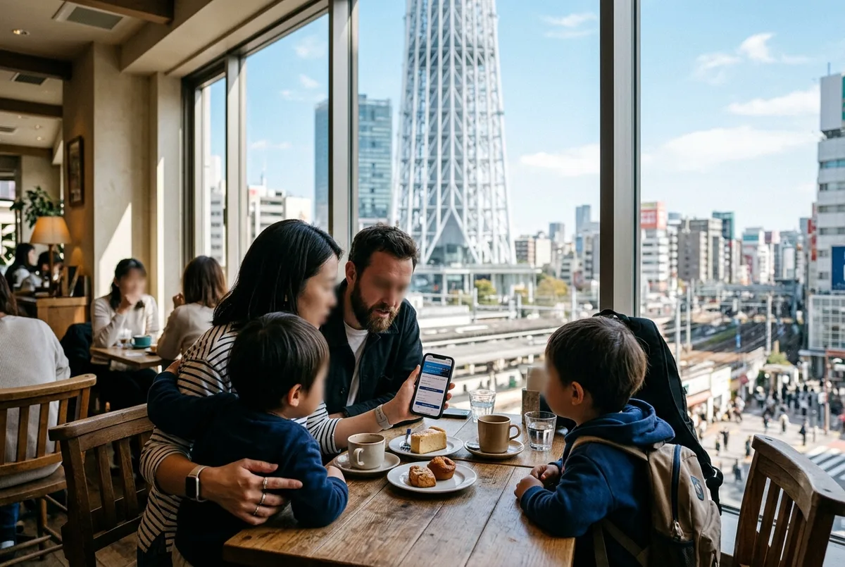 Family of three comparing shibuya sky discount and child ticket options on a phone in a Shibuya cafe with the tower visible through the window, bright daytime mood