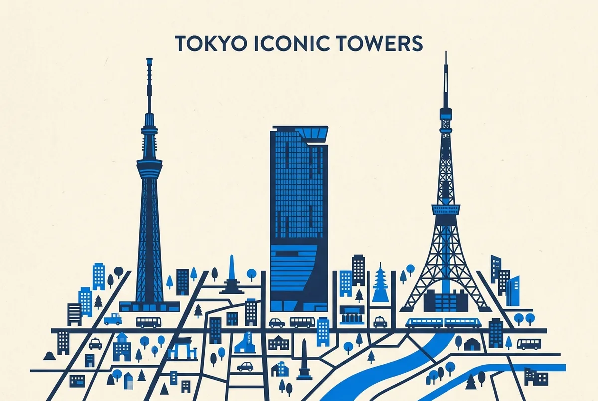 Illustrated infographic comparing the height of Shibuya Scramble Square, Tokyo Tower and Tokyo Skytree with generic landmark labels only