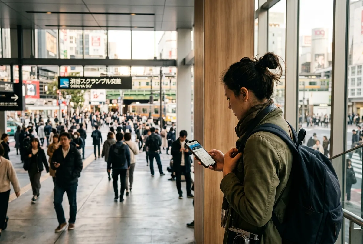 Traveler checking shibuya sky hours on a phone inside the Shibuya Scramble Square lobby, warm afternoon light and the station concourse behind