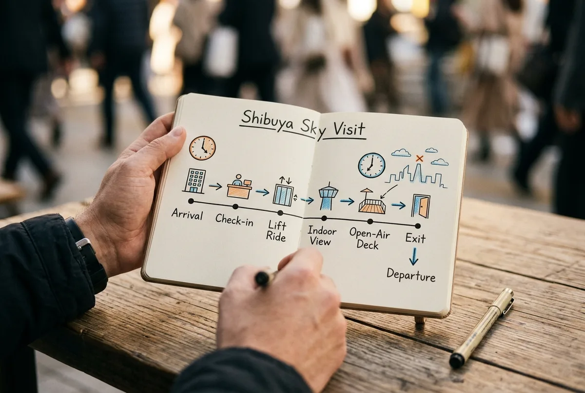 Simple planning graphic of a Shibuya Sky visit timeline from arrival and check in to the open air deck and exit, generic labels only