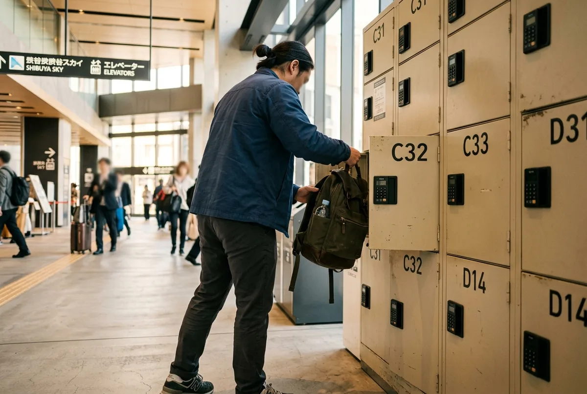 Traveler placing a small backpack into a numbered locker in a bright lobby before heading up to the Shibuya Sky open-air deck