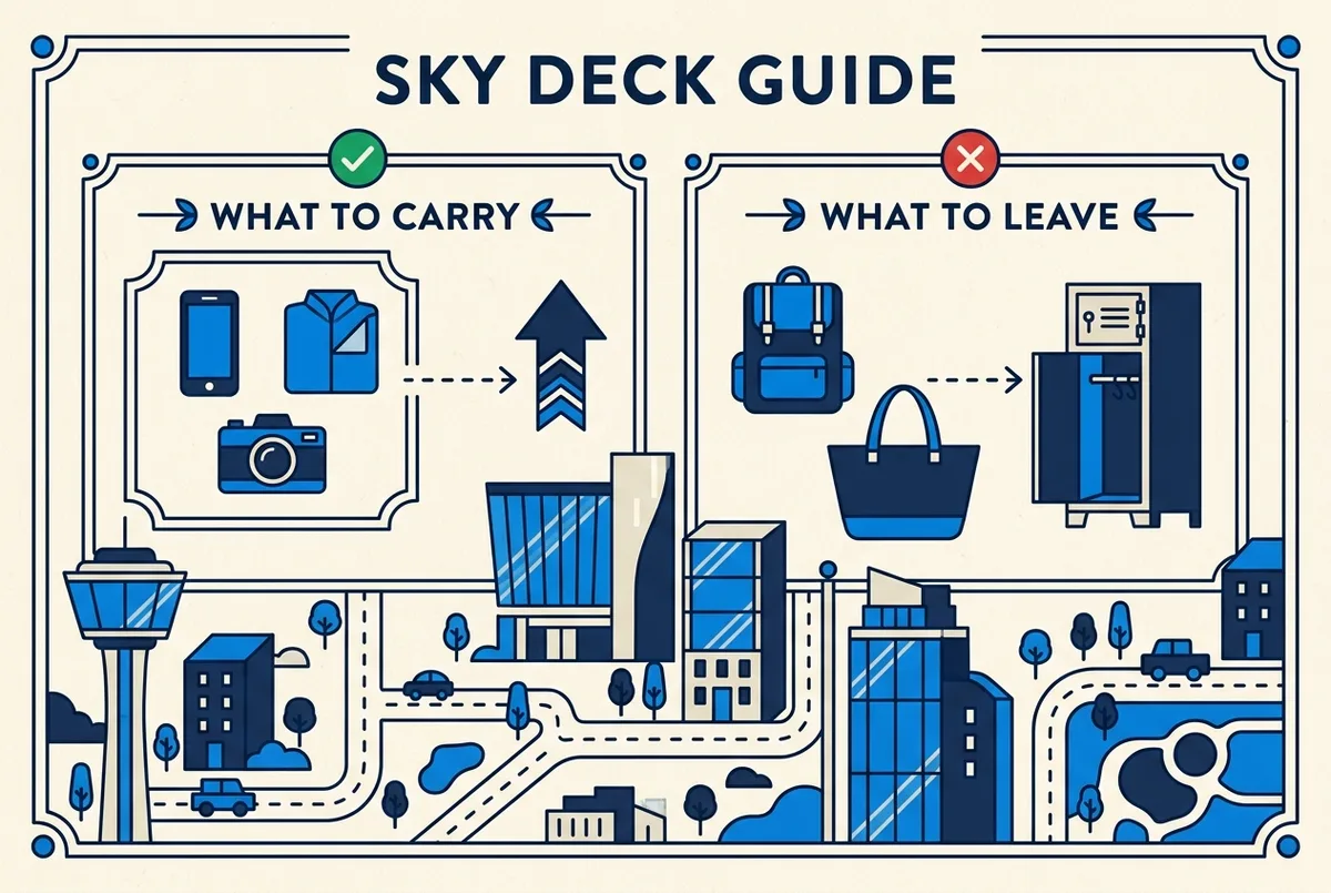 Simple infographic-style illustration of what to carry and what to leave in a locker before the Shibuya Sky deck, with generic labels for phone, layer, bag and locker
