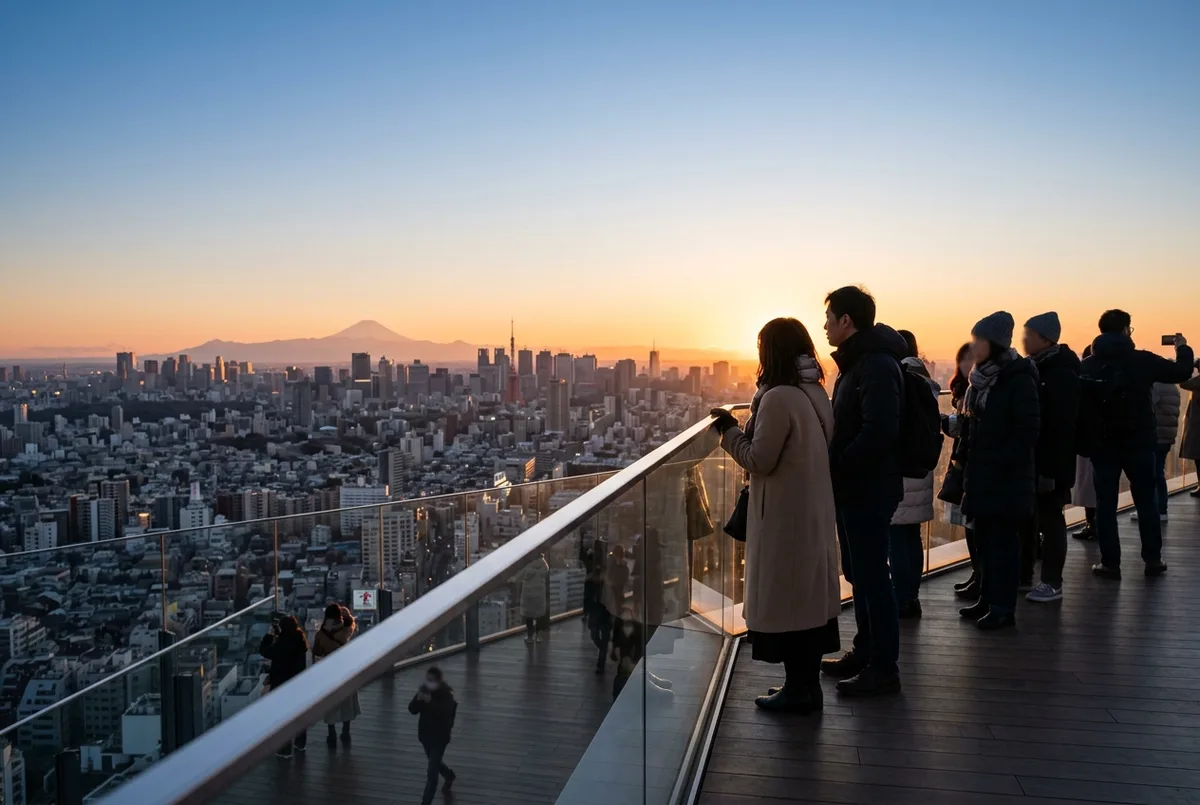 Visitors on the Shibuya Sky open-air deck at sunrise looking toward a faint Mt Fuji silhouette beyond the Tokyo skyline on a clear winter morning