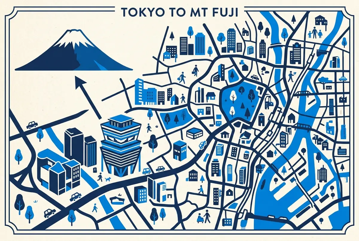 Map-style infographic showing the direction from Shibuya Sky toward Mt Fuji across Tokyo, with generic labels for Shibuya, the deck and Mt Fuji