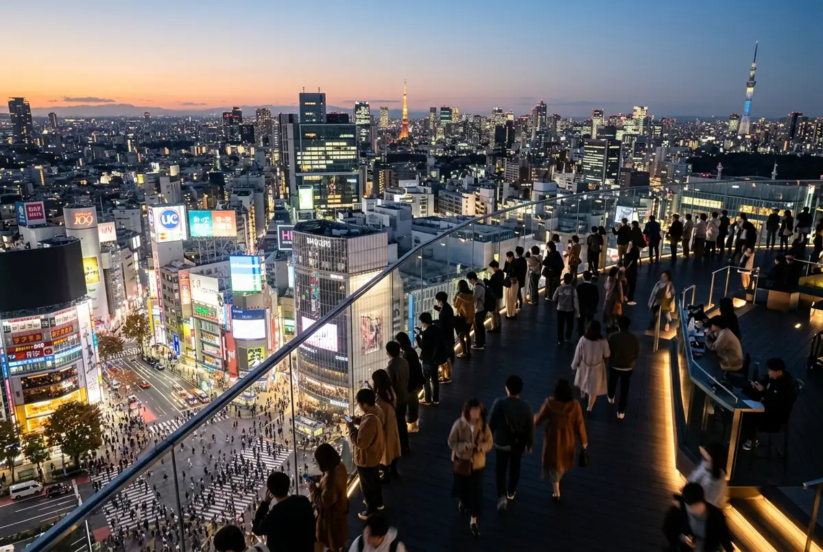 Visitors on the open-air shibuya sky observation deck at dusk looking over the Scramble Crossing and the Tokyo skyline, glowing city lights, wide editorial view