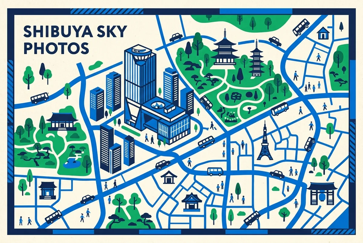 illustrated map of Tokyo highlights for Shibuya Sky Photos: Tips, Photo Spots and Rules, shibuya sky photos