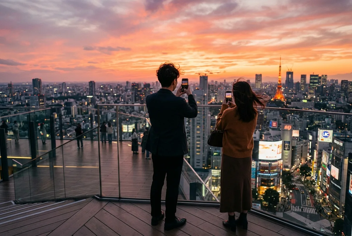 Couple on the open-air Shibuya Sky deck at sunset holding phones toward an orange and pink sky over the Tokyo skyline, shibuya sky sunset tickets moment