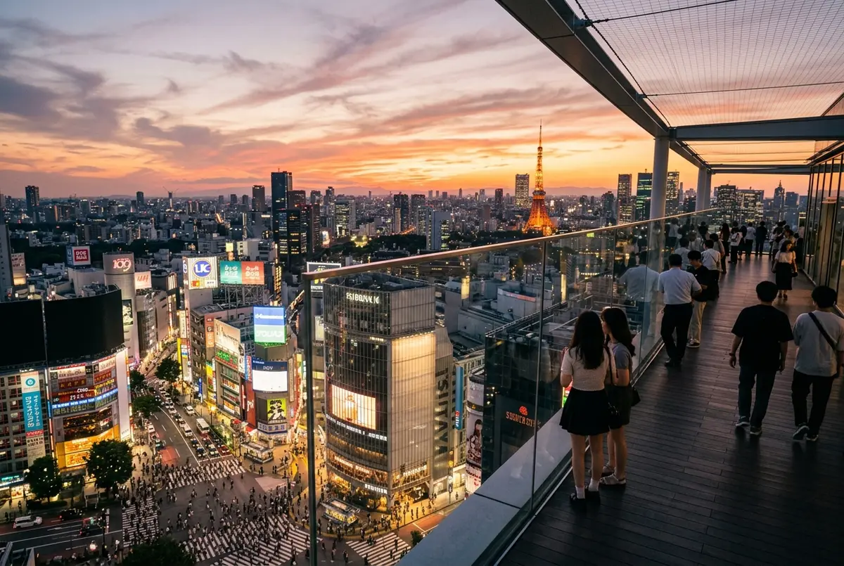Shibuya sky sunset view with orange and pink light over the Tokyo skyline and Shibuya crossing seen from the open air rooftop deck
