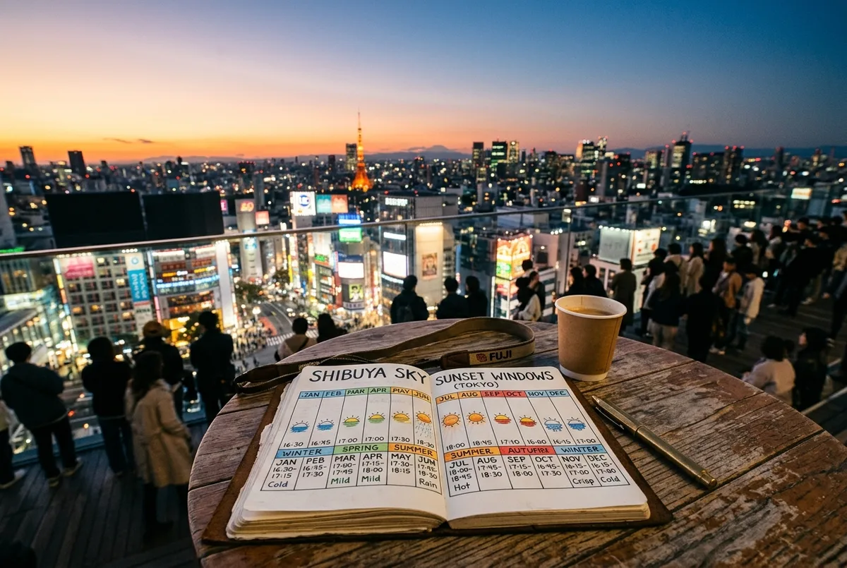 Month by month planning chart of sunset windows for a Shibuya Sky visit, with generic labels for winter, spring, summer and autumn