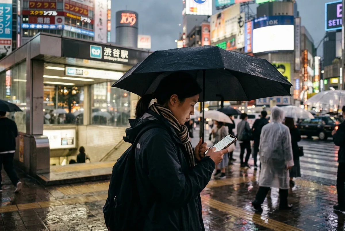 Traveler reading shibuya sky ticket cancellation terms on a phone under an umbrella near Shibuya Station on a cloudy evening, Tokyo, thoughtful mood