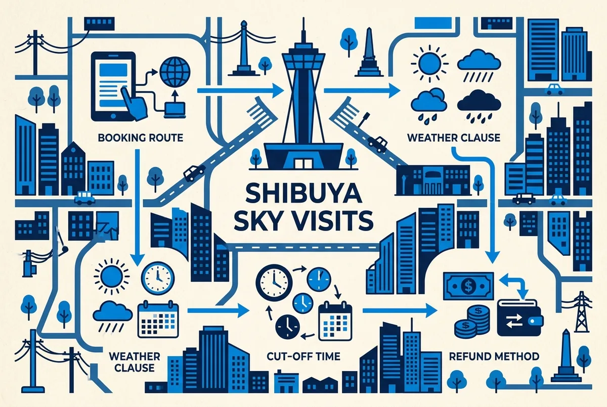 Flowchart-style infographic showing how to check shibuya sky ticket cancellation terms: booking route, weather clause, cut-off time and refund method, with generic labels only