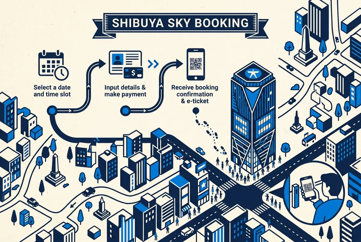 Step by step infographic map of the Shibuya Sky online booking flow from choosing a date to showing the e-ticket at Shibuya Scramble Square, generic labels only