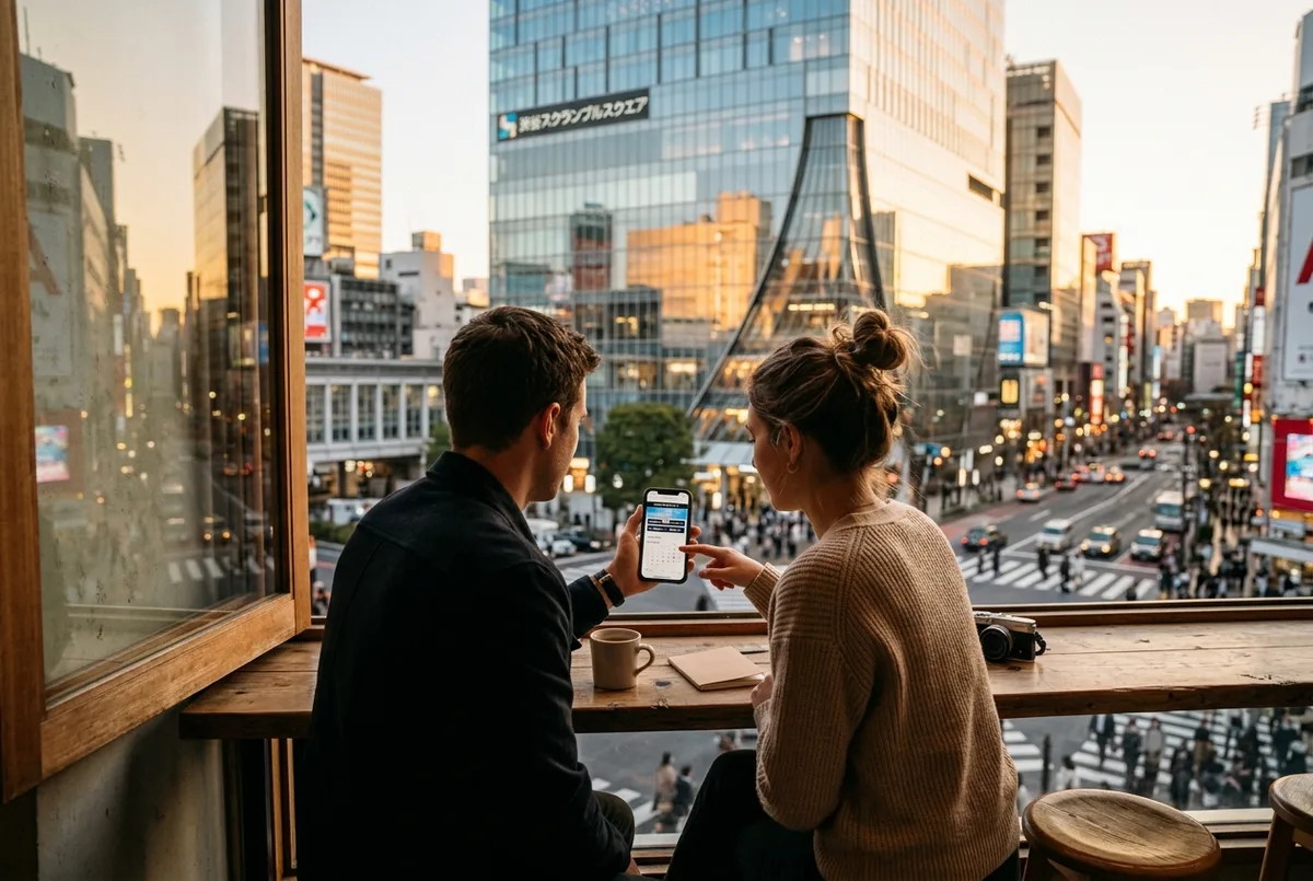 Pareja comparando el shibuya sky precio en el móvil frente a las vistas del mirador de Shibuya al atardecer, con la Torre de Tokio al fondo