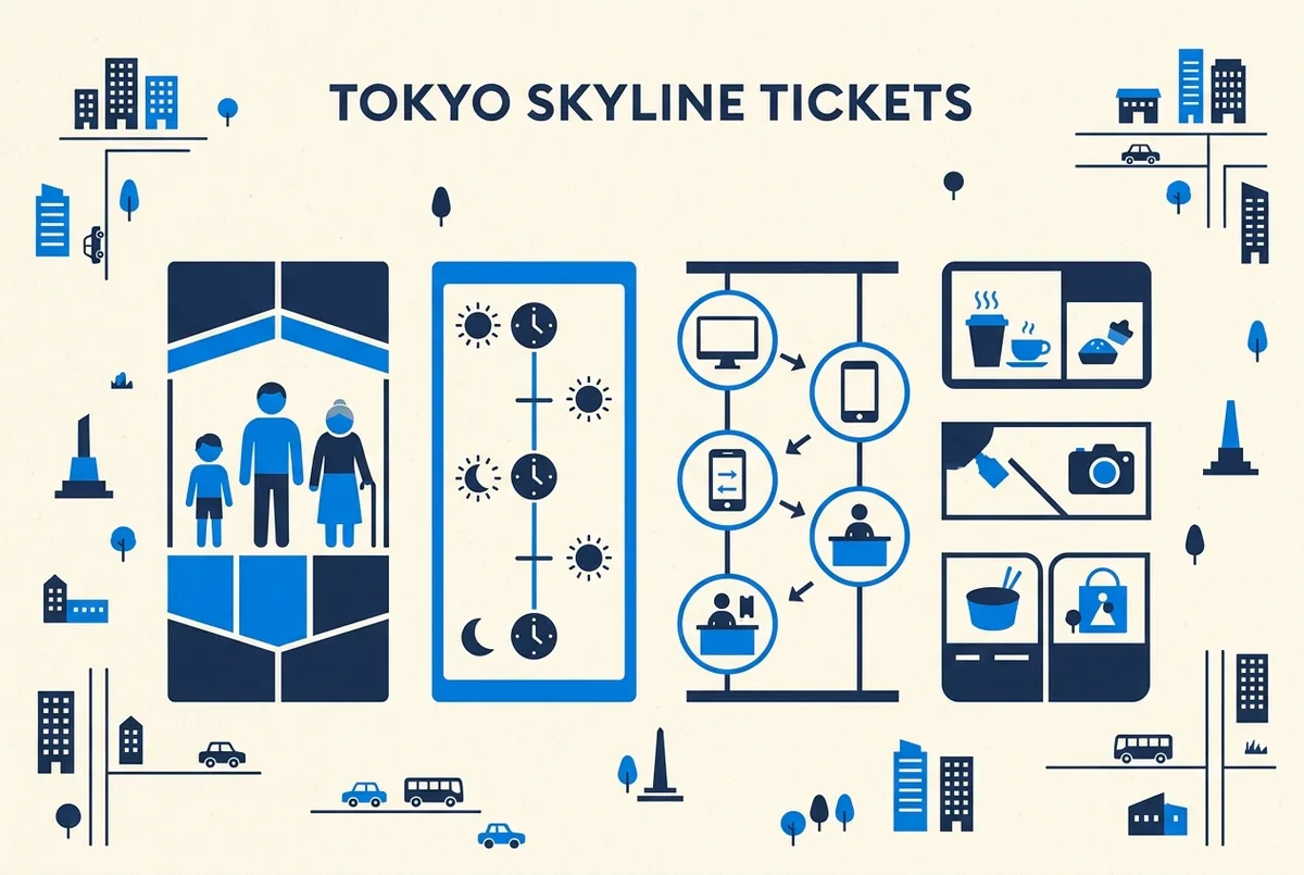 Infografía comparativa de los tours con entrada a Shibuya Sky ordenados por precio, desde la ruta de cultura pop hasta el tour nocturno en yukata