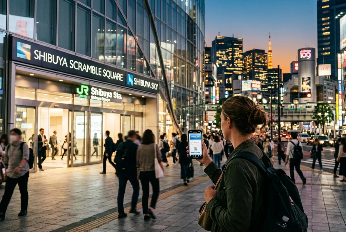 Traveler holding a phone showing a Shibuya Sky tickets e-ticket in front of the Shibuya Scramble Square entrance at dusk, Tokyo skyline glowing behind