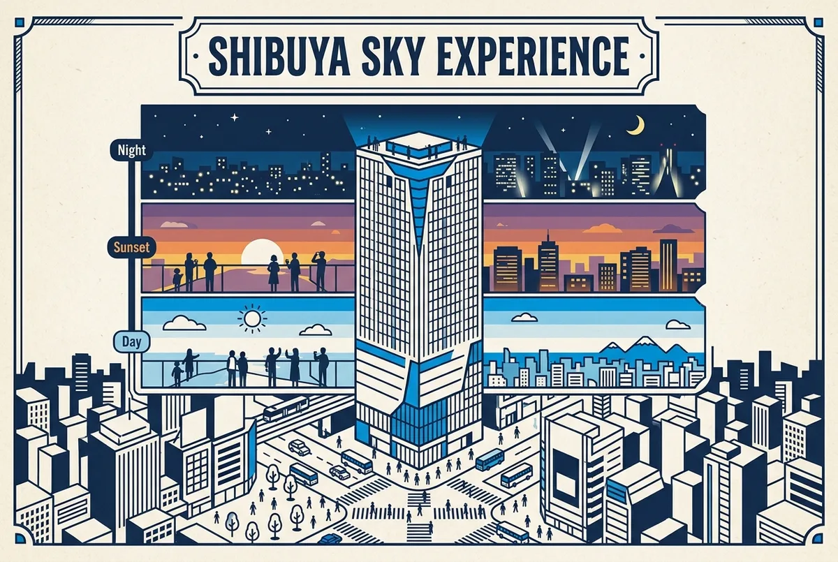 Illustrated infographic of a Shibuya Sky ticket timeline showing day, sunset and night slots above Shibuya Scramble Square with generic labels only