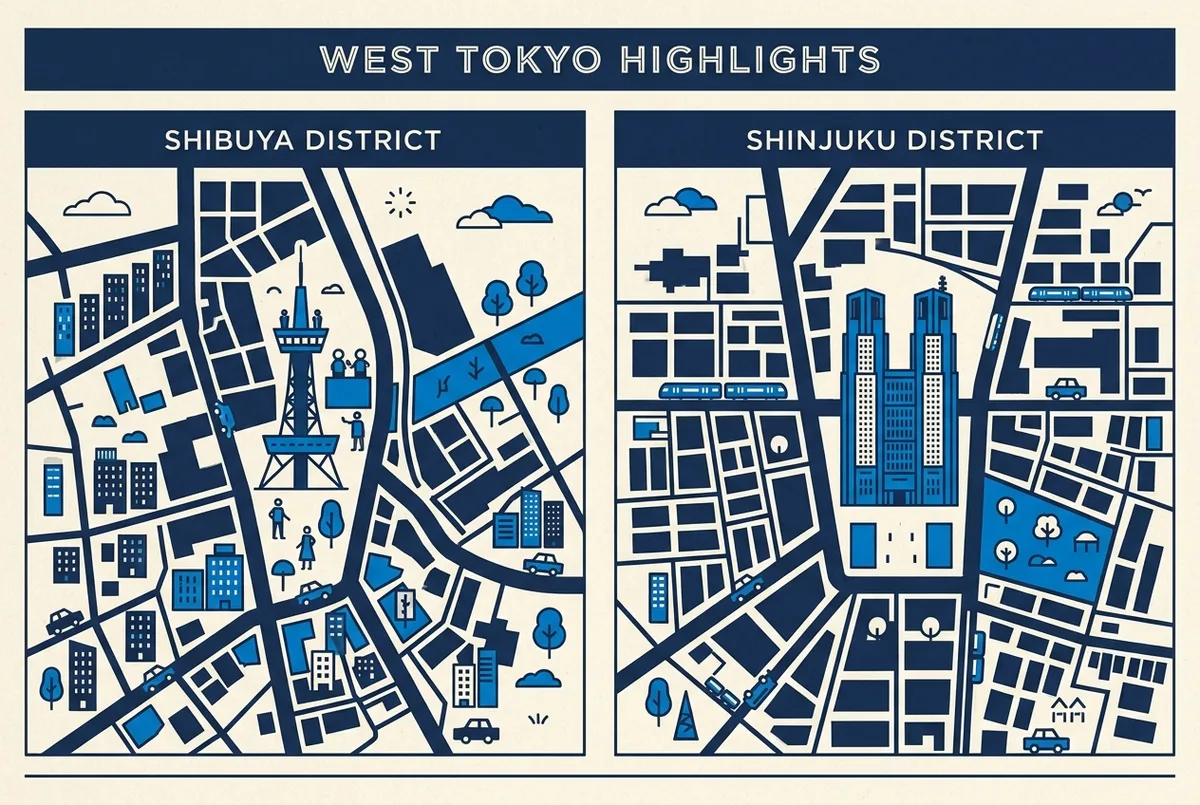 Comparison map of west Tokyo with generic labels for Shibuya Sky in Shibuya and the Tokyo Metropolitan Government Building in Shinjuku