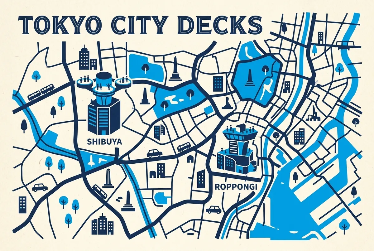 Comparison map of central Tokyo with generic labels for Shibuya Sky in Shibuya and Tokyo City View in Roppongi, showing the two decks in different parts of the city