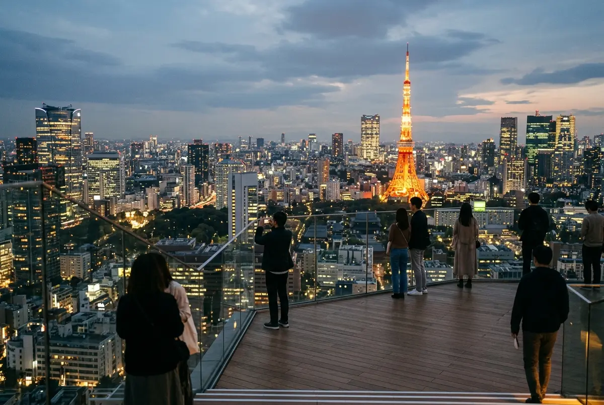 Shibuya Sky vs Tokyo Tower: visitors on the open-air Shibuya Sky rooftop at dusk looking toward the lit red and white Tokyo Tower in the distance