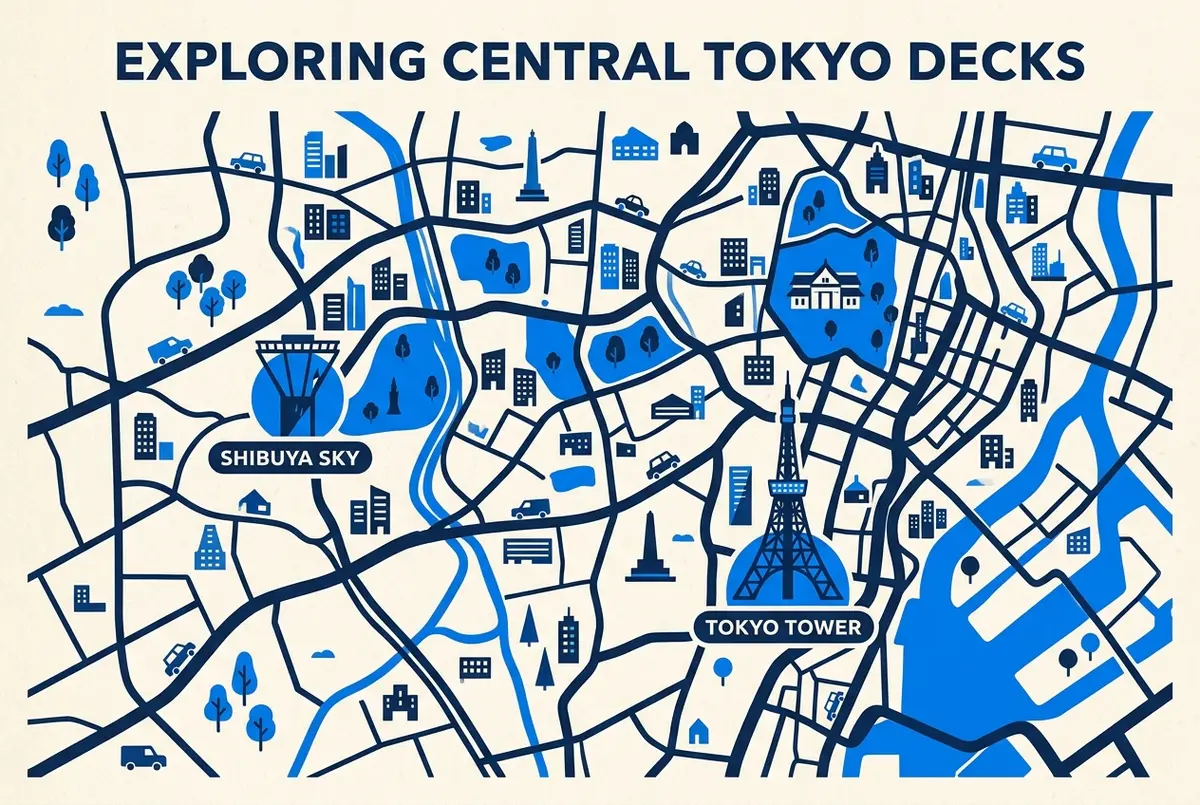 Comparison map of central Tokyo with generic labels for Shibuya Sky in Shibuya and Tokyo Tower in Minato, showing the two decks in different parts of the city