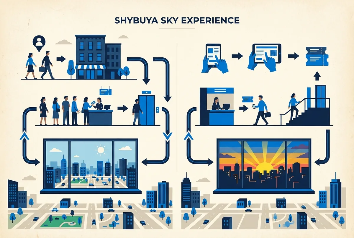 Simple infographic comparing walk in entry and online booking at Shibuya Sky, with generic labels only such as counter, online slot, sunset window and daytime window
