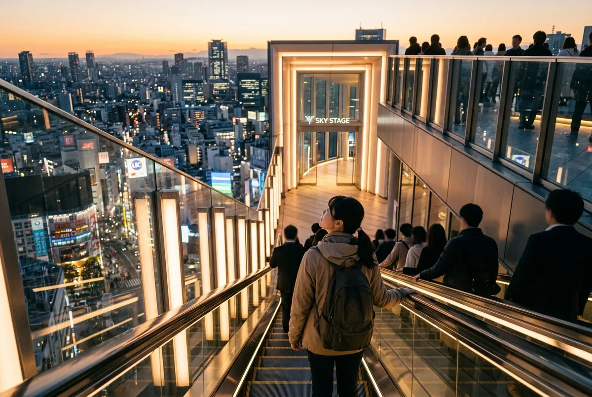 Visitors riding the shibuya sky escalator toward the rooftop with glowing walls, a first time traveler looking up at the entrance to the sky stage