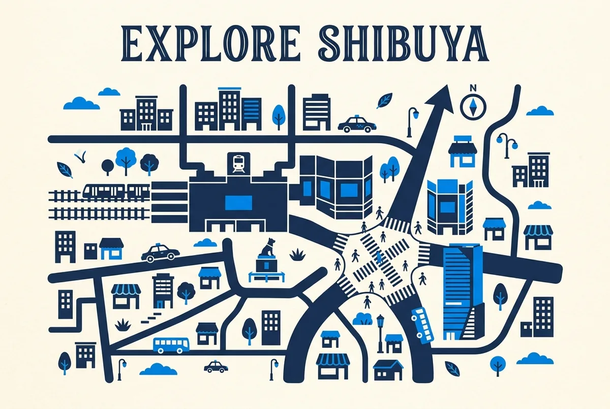 Simple walking map around Shibuya Station with generic labels for the scramble crossing, Hachiko, department stores, Harajuku direction and Shibuya Scramble Square