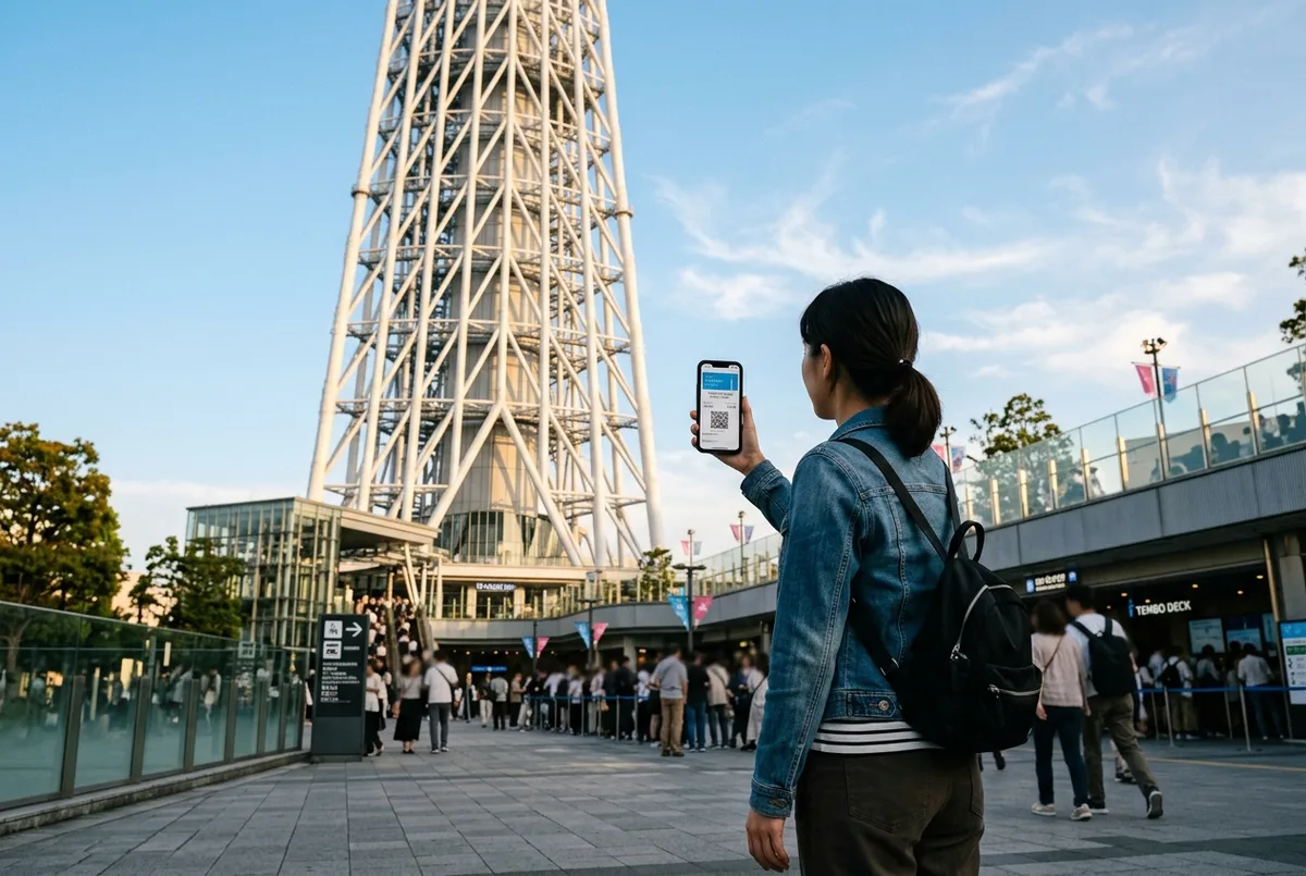 Tokyo Skytree tickets: traveler holding a phone e-ticket at the base of the tall Tokyo Skytree tower in Sumida on a clear afternoon