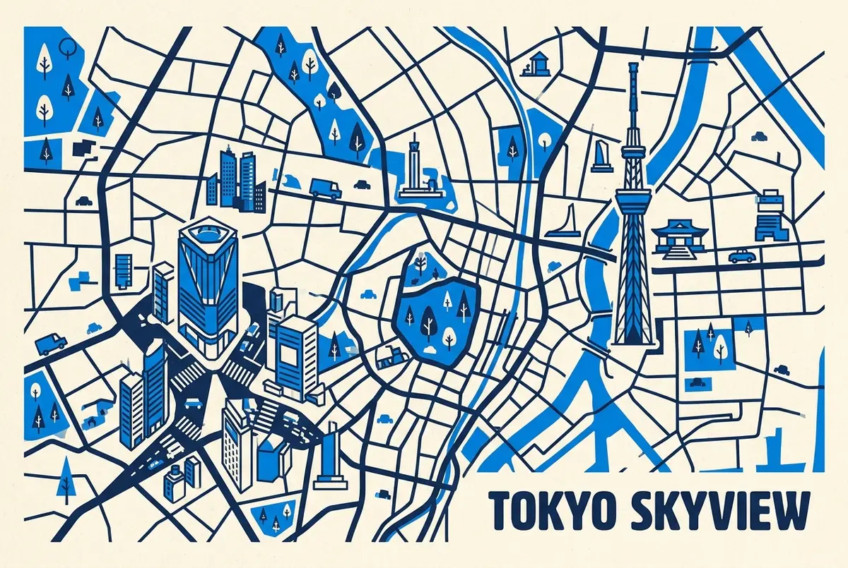 Comparison map of Tokyo with generic labels for Tokyo Skytree in Sumida and Shibuya Sky in Shibuya, showing the two decks in different parts of the city