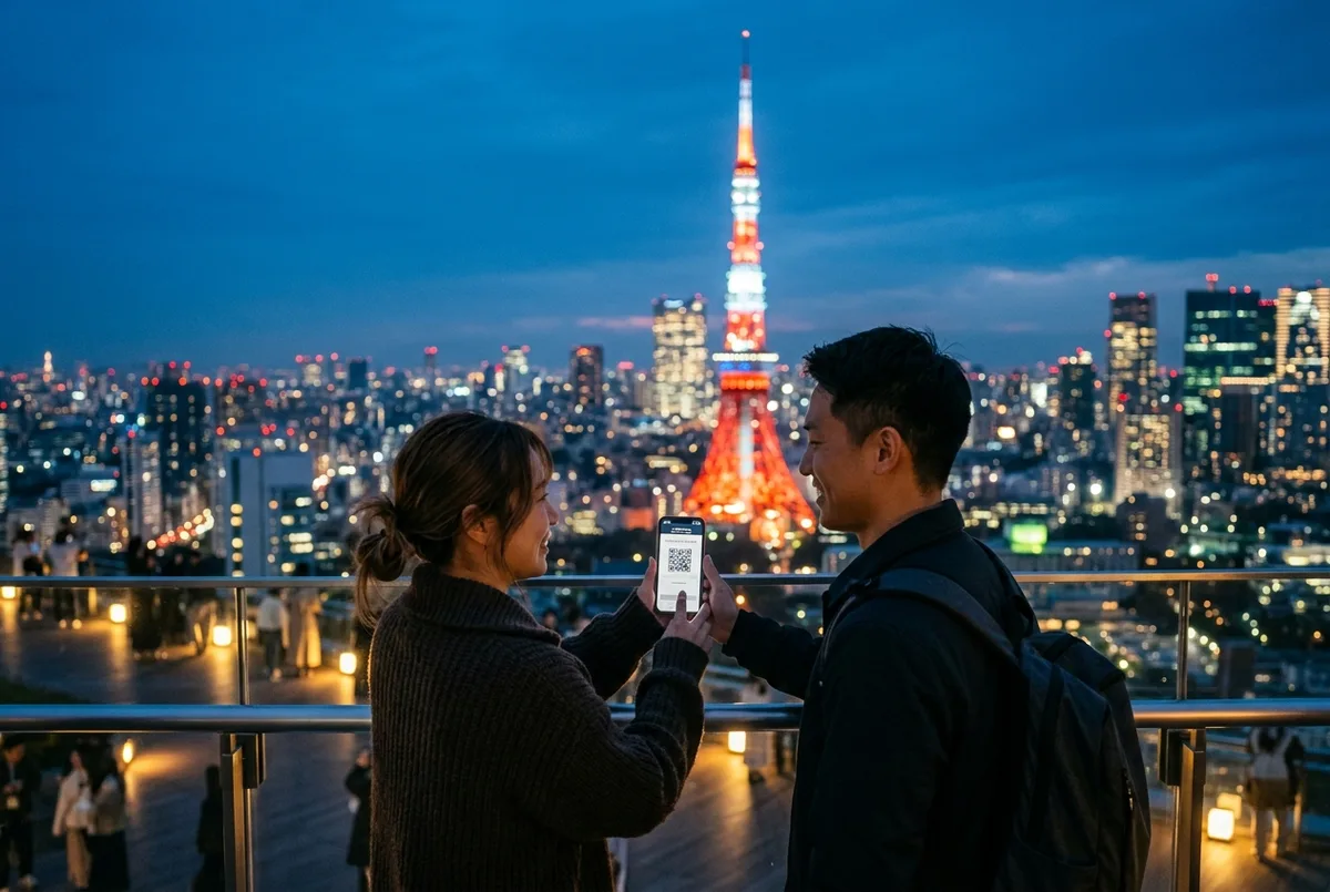 Tokyo Tower observation deck tickets: couple holding a phone e-ticket in front of the red and white Tokyo Tower glowing at blue hour