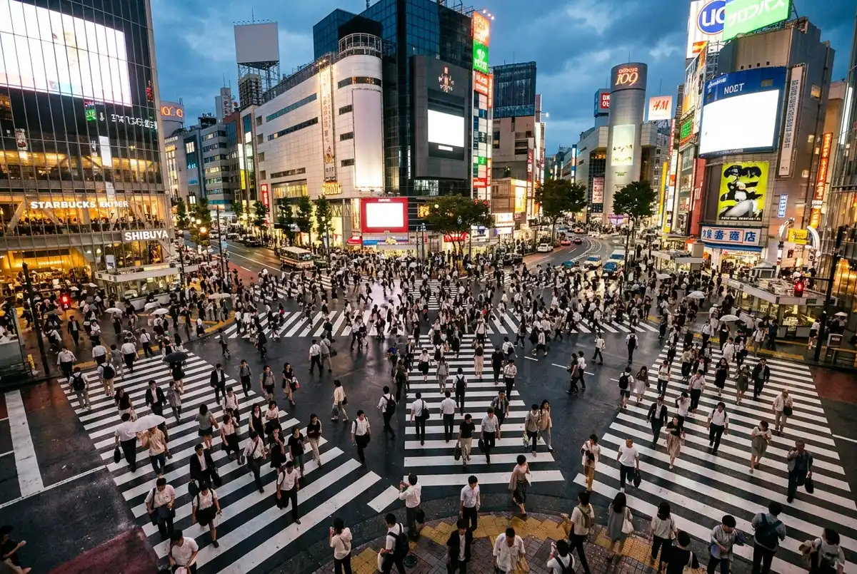 What is Shibuya Crossing: wide view of the scramble intersection at dusk with crowds crossing from every direction under giant video screens