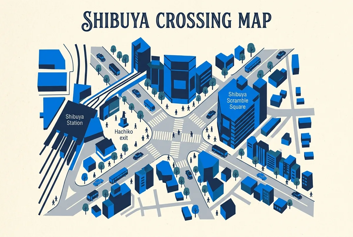 Simple orientation map of Shibuya Crossing with generic labels for Shibuya Station, Hachiko exit, the scramble, Shibuya Scramble Square and the main streets around it