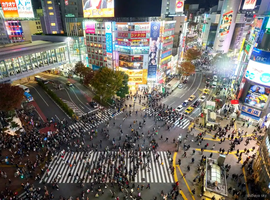 Passeio noturno Shibuya Sky, guia e visitantes nas ruas de neon