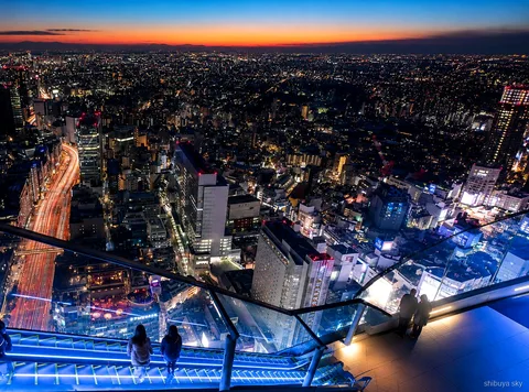 Passeio Shibuya Sky ao pôr do sol, horizonte da cidade ao entardecer