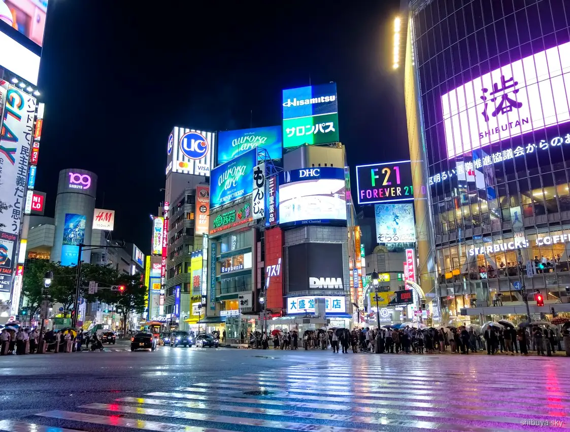 Shibuya Sky night view tour, lantern-lit Yokocho at Miyashita Park