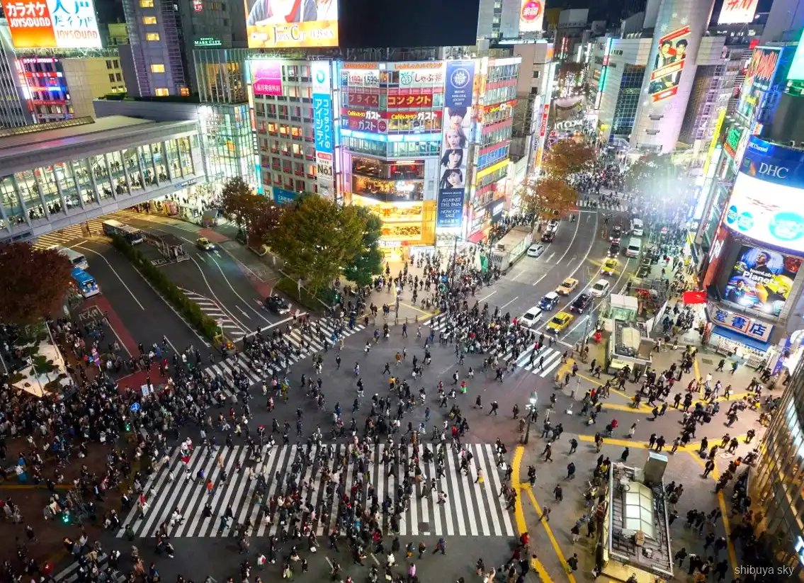 Shibuya Sky nachttour, gids en bezoekers in de neonstraten
