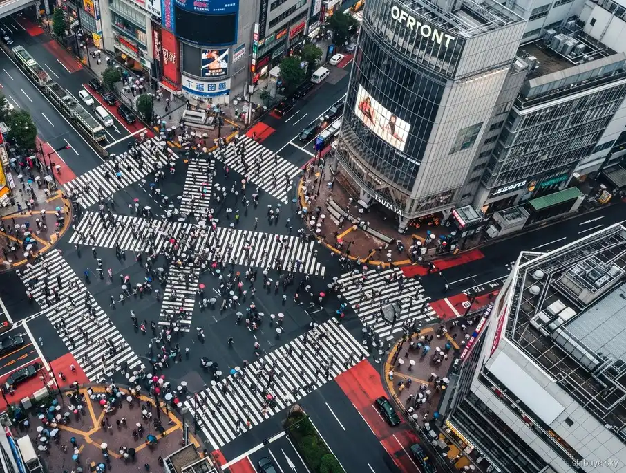 Tour guiado Shibuya Sky con grupo en el cruce de Shibuya